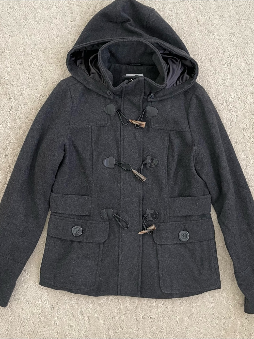 Celebrity Pink Hooded Charcoal Grey Toggle Pea Coat